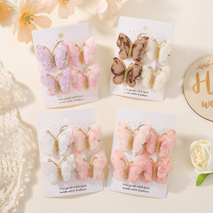 Set di 4 fermagli per capelli a forma di farfalla, in poliestere di alta qualità, per bambini, primaverili, alla moda, carini, fatti a mano, con clip a becco d'anatra. - Product Image 1