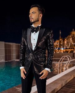 Smoking da sposa da uomo con paillettes nere abiti da giacca da uomo con risvolto in raso Set <span class=keywords><strong>2</strong></span> pezzi bellissimo uomo Prom Party Formal Outfit Blazer Pant - Product Image 4