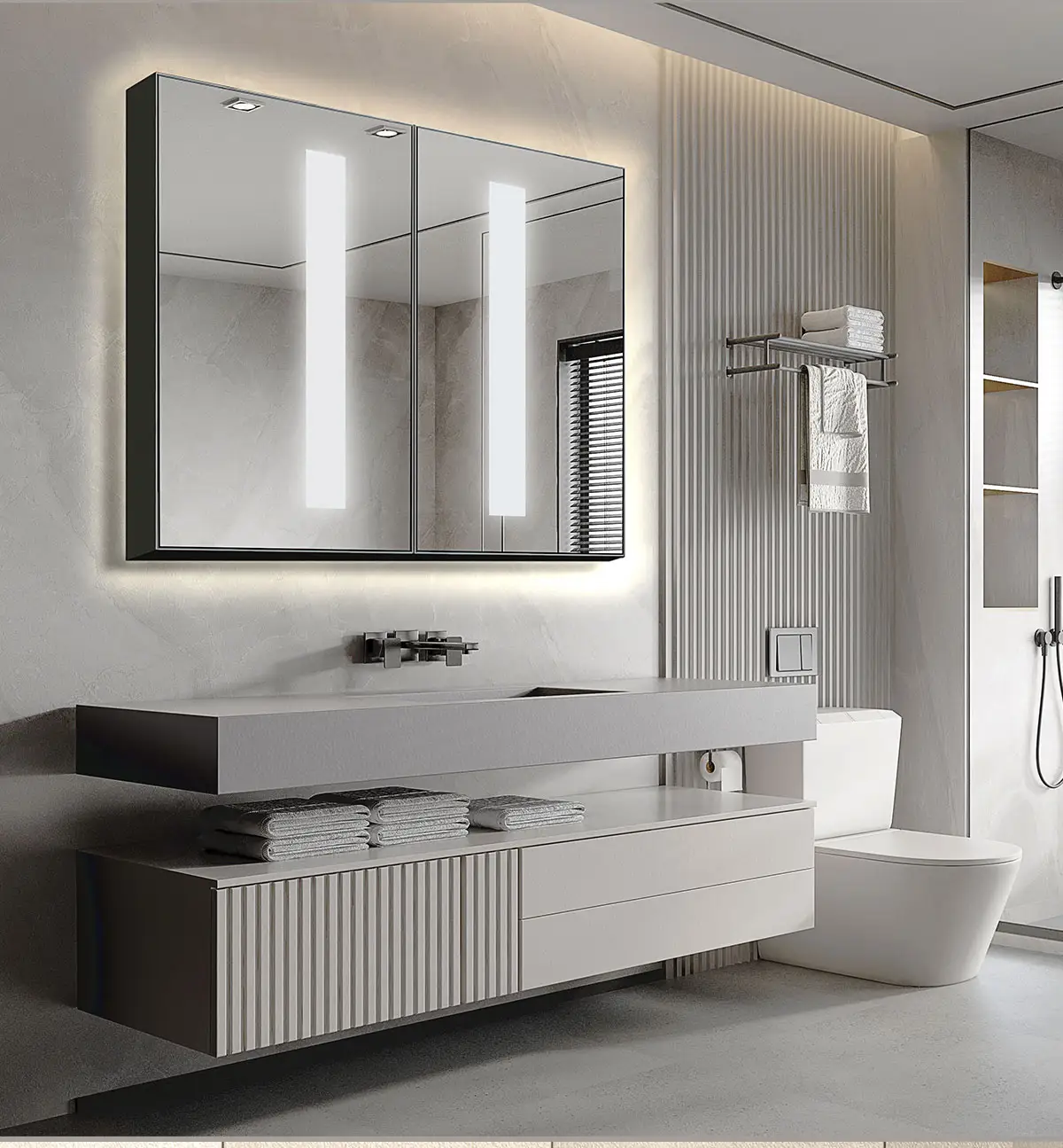 Modern lüks otel duvar montaj banyo yüzen kabine ışık ile banyo aynası dolapları