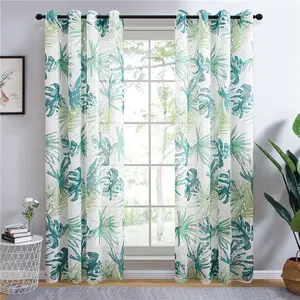 Good Quality Factory Directly Classic Bamboo Green Leaves Polyester Printed Living Room Sheer Curtain//