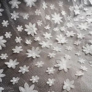 Giá cả cạnh tranh 3D hoa thêu vải tuyn vải trắng Bridal Tulle Ren Vải thêu cao cấp