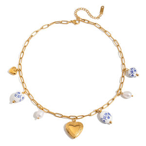 Collar de escape bohemio de moda Curado Whimsy Gold-Linked Acero inoxidable <span class=keywords><strong>con</strong></span> perla de cerámica mixta Oro para dijes eclécticos - Product Image 5