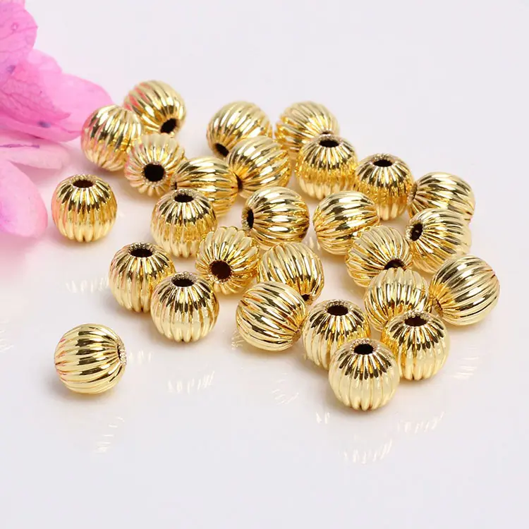 JS1683 Wholesale 8mm Straight Corrugated Brass Beads 18K Gold Plated Watermelon Spacer Beads