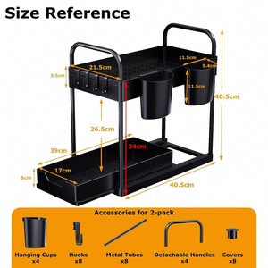 Organizzatore Sottolavello a 2 Livelli Nero Scorrevole per Bagno con Ganci e Contenitori - Product Image 2