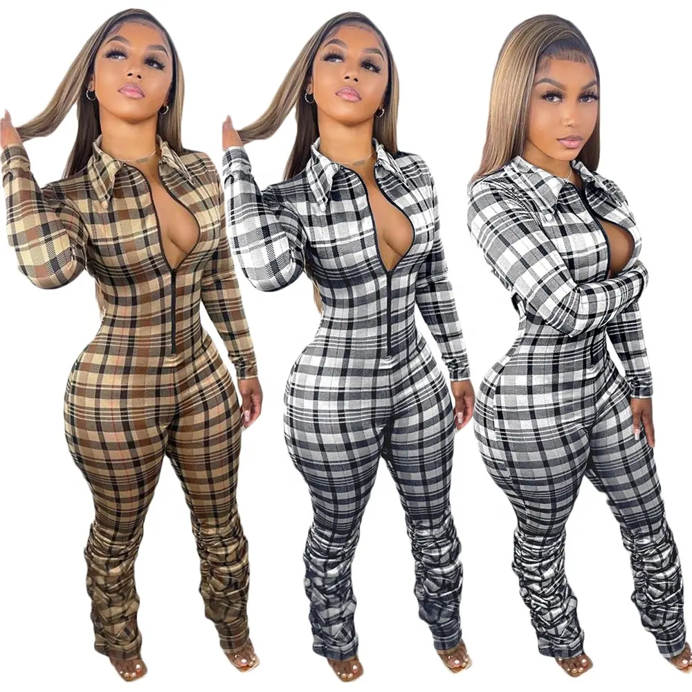 2022 Women Clothing Fashion Winter Bodycon Jumpsuits Stacked Pants Sexy Outfits Clothes One Piece Plaid Jumpsuits For Ladies