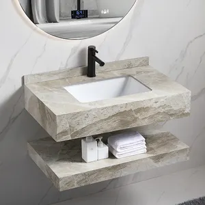 现代双层石板小浴室梳妆台大理石壁挂式洗脸盆柜