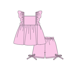 GSD3689 CUSTOM Ensemble d'été rose uni pour petite fille active, avec manches volantes, vente en gros pour enfants - Product Image 2