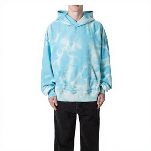 <b>Men's</b> Oversized Embroidered <b>Tie</b>-Dye 100% Cotton Hoodie Knitted Casual <b>Blue</b> White Pattern Pocket Regular Sleeve Autumn Style - Product Image 1