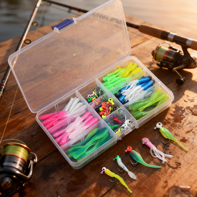 Soft Lure Kit 110pcs Soft Fishing Lure Set Mini Worms Trophy Crappie Jig Hook with Fishing Tackle Box Soft Bait Combo
