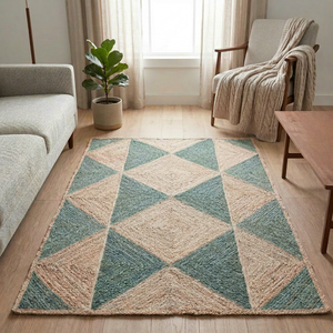 Tapis géométrique en jute rectangulaire style scandinave à poils ras écologique pour salon tissage plat beige et vert sarcelle - Product Image 1