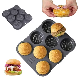 BPA Free Round Baking Mold Bandeja 8 Cavidade perfurado antiaderente Silicone Hamburger Bun Pan Mold para cozimento