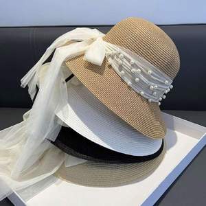 <b>Summer</b> New Pearl Mesh Sunshade <b>Straw</b> Character Woven Lace Travel Female Bowknot Bucket <b>Hat</b> Wholesale - Product Image 2