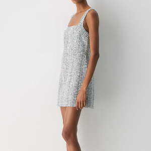 Robe mini trapèze vintage brodée en tweed à col carré sans manches pour femme, taille naturelle, élégante pour le bureau ou les soirées - Product Image 3