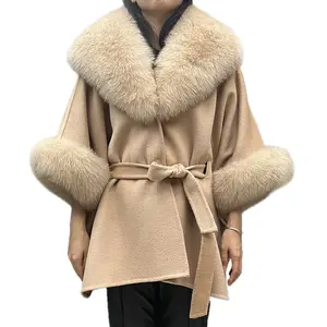 Elegant Big Fox Fur Collar Double Faces Fur Shawl Women Real Fur Poncho with Belt