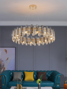 Lustre en cristal finition or, LED E26, blanc chaud 3500K, intensité variable, hauteur réglable, Ra90 CRI, garantie 5 ans, luminaire suspendu pour salon - Product Image 3