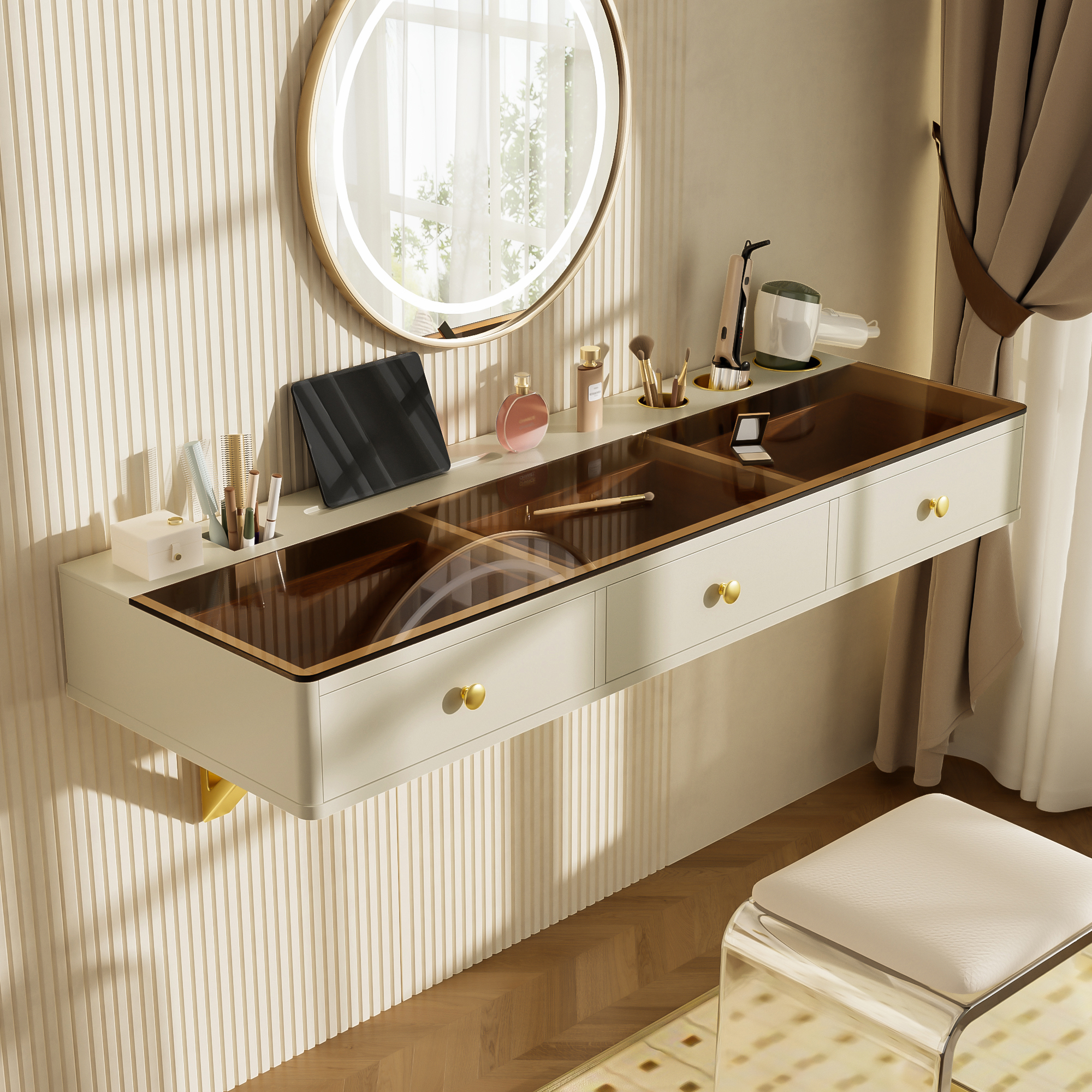 Beige + MDF + verre + 3 tiroirs