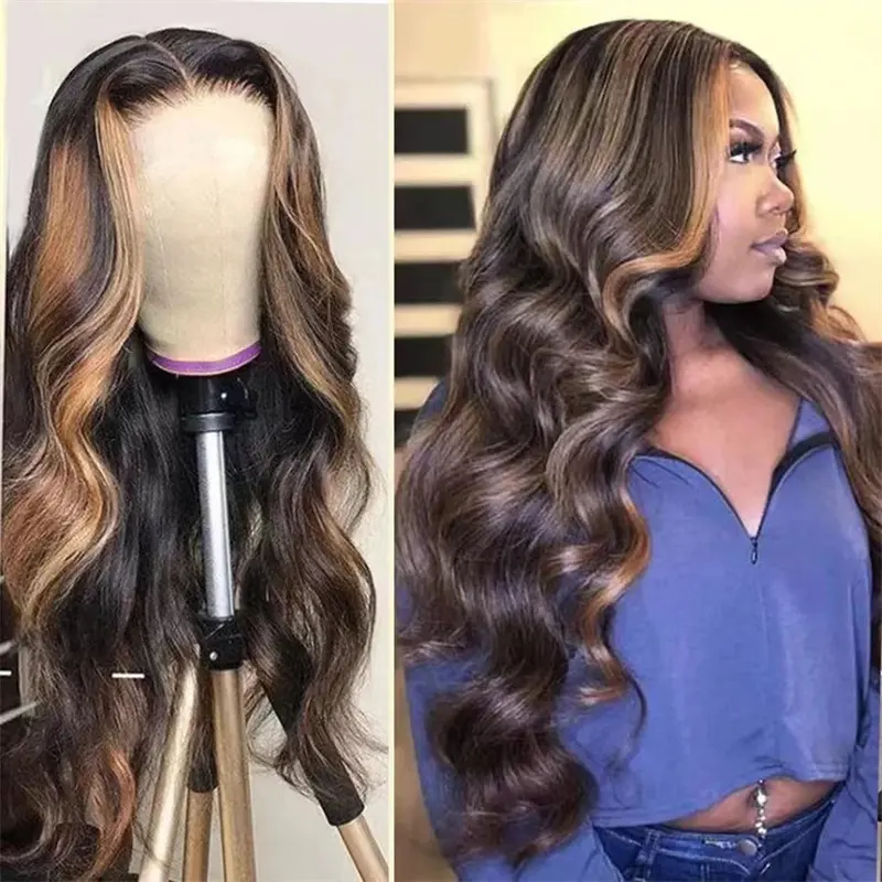 Highlight Remy Pruik 30 Inch 13*4 Remy Body Wave Kant Pruik P4/27 4*4 Transparante Kant Sluiting Body Wave Human Hair Perruque