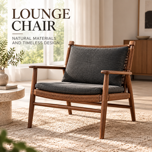 Fauteuil d'appoint VB Mid-Century Modern en bois de frêne avec assise en corde tressée, coussin en mousse haute résilience et revêtement en tissu pour la maison - Product Image 1