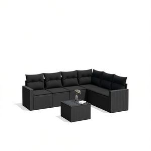 Ensemble de canapés de patio en polyrotin noir, 7 pièces, meubles d'extérieur avec coussins, style contemporain, design moderne - Product Image 1
