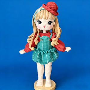 Muñeca Mila Tejida a Mano, con Sombrero Rojo y Vestido Verde con Tirantes, Pelo Largo Amarillo y Aproximadamente 32 cm de Altura - Product Image 2