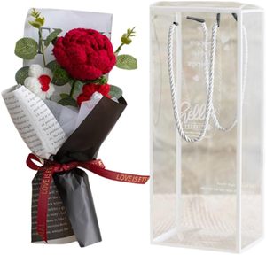 Ramo de 5 Rosas Tejidas a Crochet de 11 Pulgadas con Asas, en Bolsa de PET, Regalo para Cumpleaños, Aniversario, Boda - Product Image 1