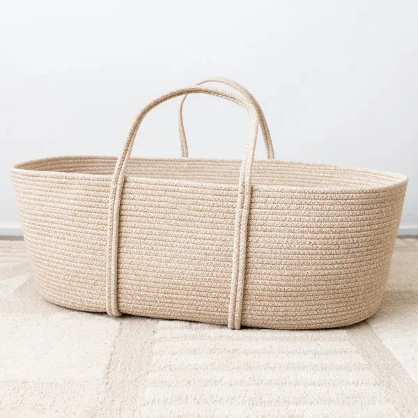 Natural design moses basket for babies woven rope portable nursery changing basket with handles