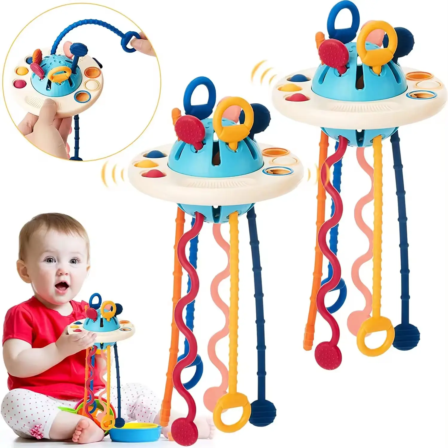 Baby Montessori Pull String Developmental Sensory Toys UFO Teether Silicone Baby Activity Educational Teething Toys