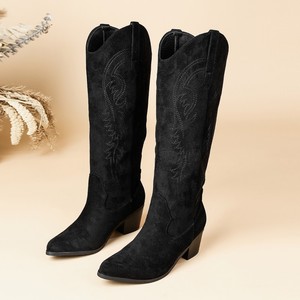 Bottines Western pour femmes en faux daim brodé, style vintage cowboy, mi-mollet, noir abricot, tailles 35 à 43 - Product Image 3