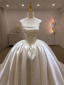 Lsjj165-1 Vestido de Novia Romántico de Satén Liso Color Marfil, Sin Tirantes, con Cintura Fruncida, Estilo Princesa Oversize, Cola Catedral Jancember - Product Image 4