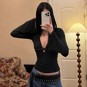 Camiseta de punto con cuello en V y remaches estilo punk oscuro para mujer, sexy, gótica, transpirable, teñida lisa, para discoteca, manga larga, jersey, blusa - Product Image 3