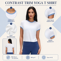 T-shirt de yoga pour femme à manches courtes avec bordure contrastante, en rayonne et élasthanne, hauts de sport doux et ajustés, vêtements de sport pour femme, vente en gros
