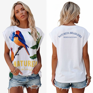 Camiseta unisex con estampado de pájaros coloridos, manga corta, cuello redondo, corte holgado, jersey de algodón, top informal de verano - Product Image 2