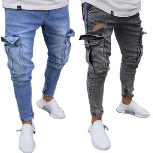 Wholesale Street style men's biker ripped skinny jeans pants plus size men's jeans patched denim men jeans