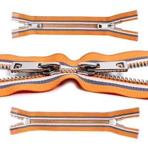 Aluminum brass metal orange zipper with polished teeth full zipper for bag clothes size 5 open end metal zipper