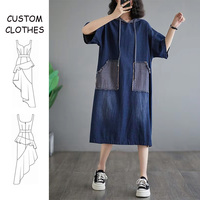 Été Loose Casual Patchwork Poches Drawstring Hooded Dresses Half Short Sleeve Midi Women's Cargo Clothing Dress Cotton Denim