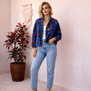 Veste bomber en velours à imprimé floral bleu de Best Design, manteau d'hiver de luxe pour femmes, vêtements de mariée bohèmes, cadeau élégant pour demoiselle d'honneur - Product Image 1