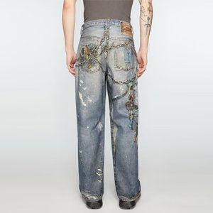 Vaqueros Rectos Holgados Distintivos de High Street para <span class=keywords><strong>Hombre</strong></span>, Estilo Vintage, Corte Real, Impresión Digital, Denim Oscuro, Populares en Primavera - Product Image 4