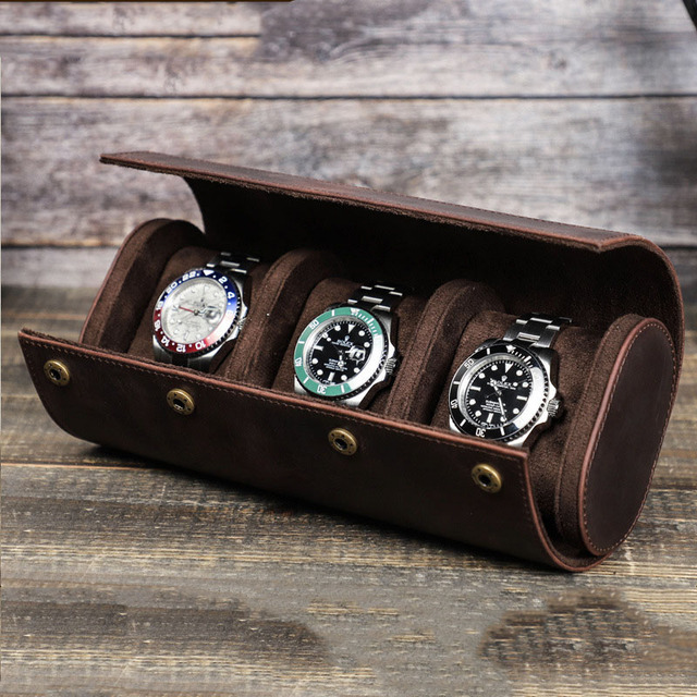 Luxury 3-Slot Crazy Horse Leather Water Resistant Oval Watch Storage Roll Organizer Display Travel Case Box for Watches
