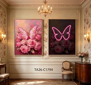 Set di 2 Stampe su Tela con Farfalle Rosa e Rose, Effetto Neon, Dipinti Floreali Romantici con Cornice - Product Image 2