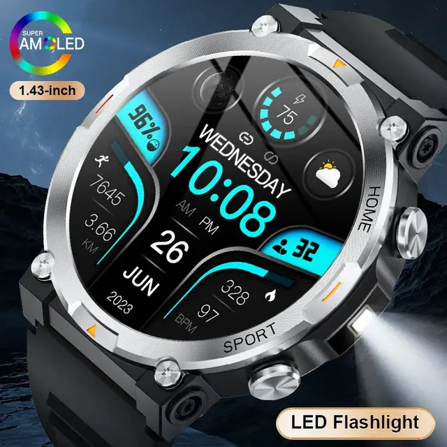 Men's Smart Watch 1.43 Inch Am Led Screen Heart Rate Step Tracker Flashlight Stainless Steel Band Sport Android Stop Watch