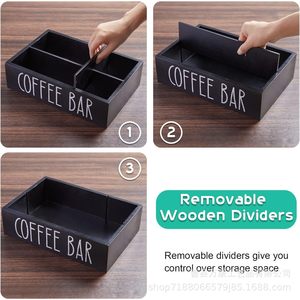 Boîte de rangement pour bar à café, organisateur de bureau en bois pour grains de café, sachets de thé, tasses, pailles avec compartiments, noir et blanc - Product Image 5