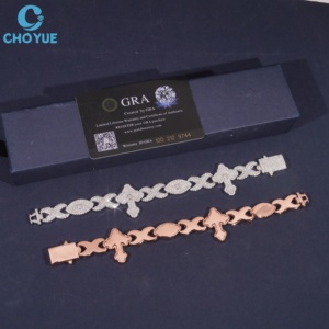 Pulseras de cruz de moissanita de plata 925 chapadas en rodio, joyería de lujo para fiestas, con pavé de moissanita de colores, estilo cubano. - Product Image 3
