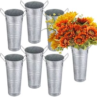 Seau à fleurs haut en métal galvanisé avec doubles poignées, vase en fer argenté pour arrangement floral de table de mariage