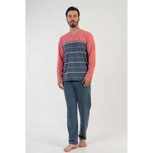 <b>Men's</b> Coral <b>Pajama</b> <b>Set</b> 100% Cotton Knitted Long Sleeve Sleepwear Plus Size - Product Image 4