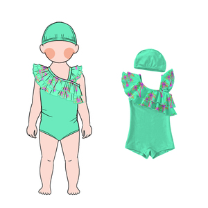 Summer New Girls One-Piece Swimwear Floral Beach DesignBabies Bikini Girls One Shoulder Ruffle <strong>Swimsuit</strong> with Cap - Product Image 2