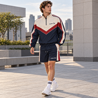Survêtement rétro personnalisé à blocs de couleur avec fermeture éclair quart de tour pour homme, veste et short tissés avec logo imprimé pour les sorties décontractées quotidiennes