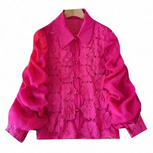 Blusas Casuales de Manga Larga Tejidas Estilo Vintage para Otoño, Blusas Transpirables con Logotipo Frontal y Diseño Floral para Mujer, Venta al Por Mayor - Product Image 5