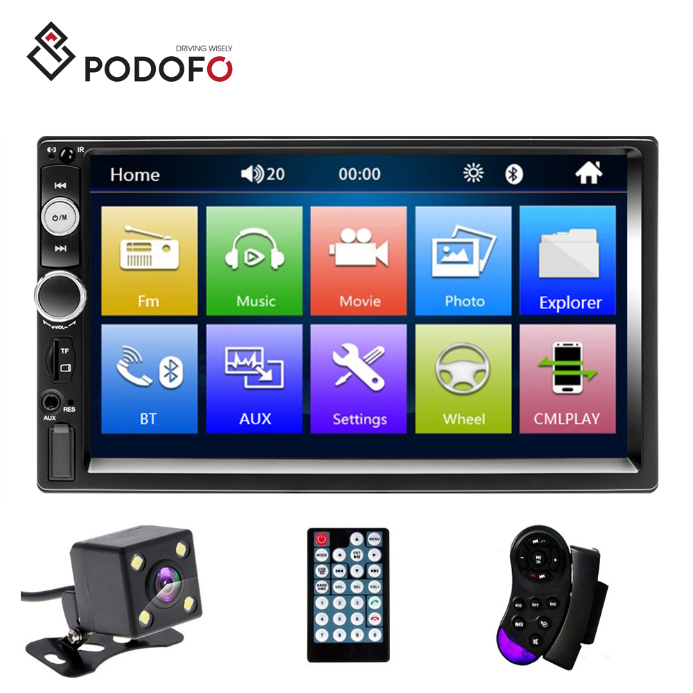 Podofo Radio Xe Hơi Âm Thanh Nổi Hai Din Máy Phát Thanh Ô Tô MP5 2 Din 7 "Màn Hình Cảm Ứng BT USB FM AUX SD 7023B + Camera Quan Sát Phía Sau