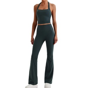 Ensemble de yoga taille haute pour <span class=keywords><strong>femme</strong></span>, effet ventre plat et lifting des fesses, sensation seconde peau, haute extensibilité, pour la gym et le fitness, comprenant un pantalon évasé et un soutien-gorge - Product Image 5