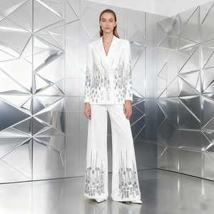 Oudina สูทเบลเซอร์ปกเลื่อมแขนยาวสำหรับผู้หญิง, ชุดสูท2ชิ้นกางเกงลำลองทรงตรงหรูหรามีสไตล์ - Product Image 6